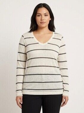 Theory Ivory Cream Charcoal Striped Slub Knit V-Neck Long Sleeve Pullover Top L